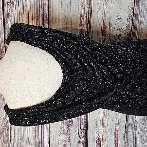 VINTAGE NIGHT WAY BLACK GLITTER SLEEVELESS DRAPED NECK LONG EVENING DRESS - Picture 8 of 13